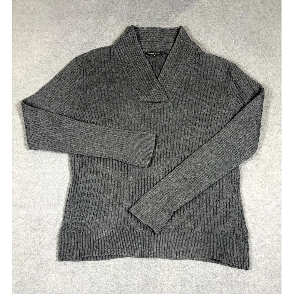 Jeanne Pierre Sweater Womens Large Charcoal Gray Cotton Ribbed Knit Shawl Collar